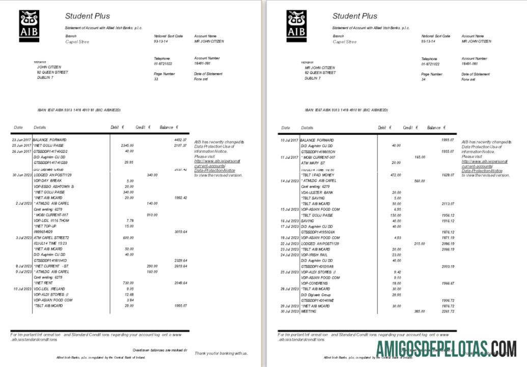 modelo de extrato bancário AIB da Irlanda em branco, formato Word e PDF, 6 páginas